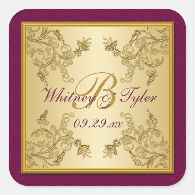 Plum Wine and Gold Floral Damask Monogram Sticker (Front)