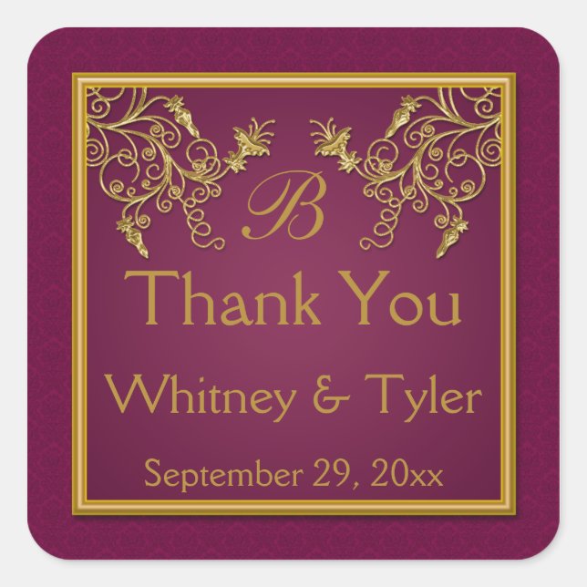 Plum Wine and Gold Floral Damask Monogram Sticker (Front)