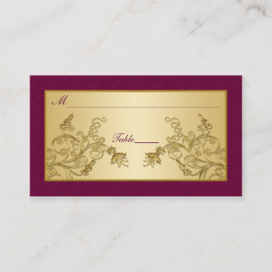 Plum Wine and Gold Floral Damask Placecards