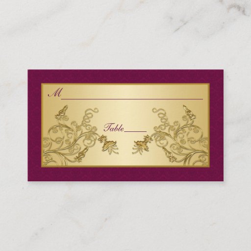 Customizable Plum Wine and Gold Floral Damask Placecards Business Cards