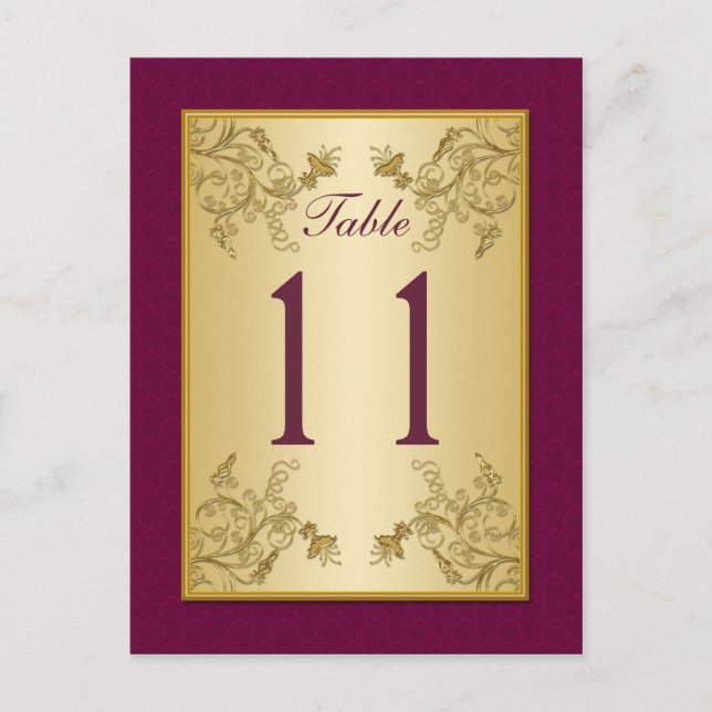 Plum Wine and Gold Floral Damask Table Number (Front)