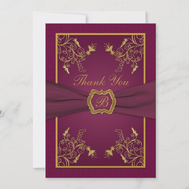 Plum Wine and Gold Monogram Thank You Card (Front)