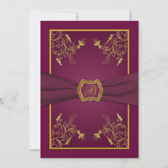 Plum Wine and Gold Monogram Wedding Invitation (Front)