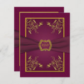 Plum Wine Damask and Gold Medallion Reply Card (Front/Back)