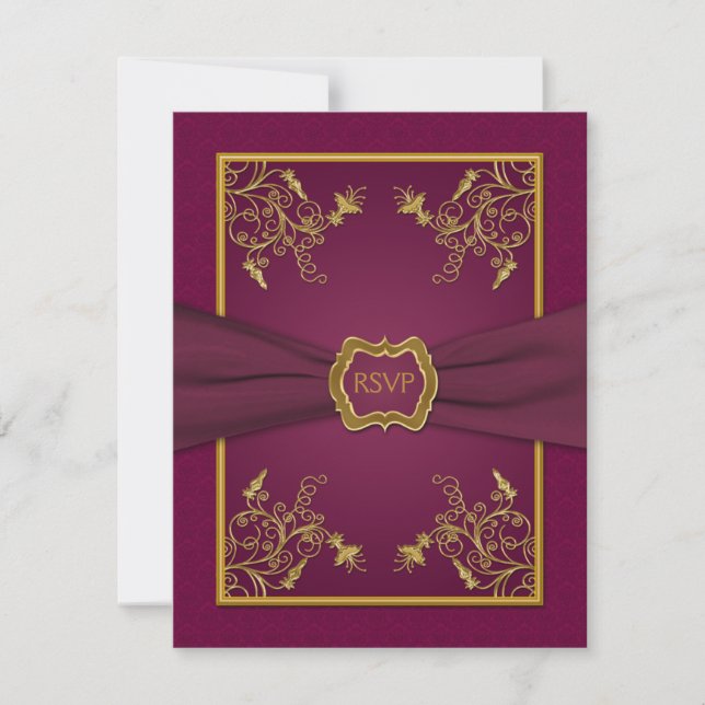 Plum Wine Damask and Gold Medallion Reply Card (Front)