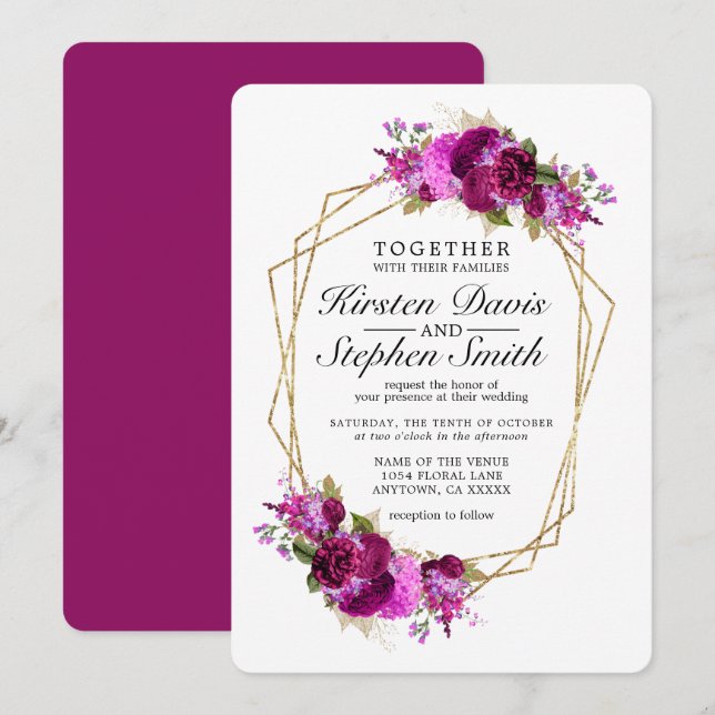 Plum Wine Floral Gold Geometric Border Wedding Invitation (Front/Back)