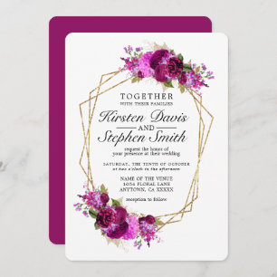 Plum Wine Floral Gold Geometric Border Wedding Invitation