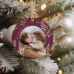 Plum | Winter Laurel Photo Ceramic Ornament<br><div class="desc">A chic and elegant holiday ornament design featuring a favorite photo on each side in a unique arched layout,  embellished with finely detailed botanical foliage. Personalize these beautiful and festive ornaments with your family name and the year for a memorable addition to your Christmas tree.</div>