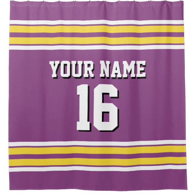 Plum with Yellow White Stripes Sports Jersey Shower Curtain (Front)