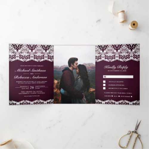Plum Wood Country Lace All in One Wedding Tri_Fold Invitation
