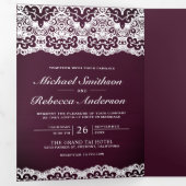 Plum Wood Country Lace Photo Collage Wedding Tri-Fold Invitation (Inside First)