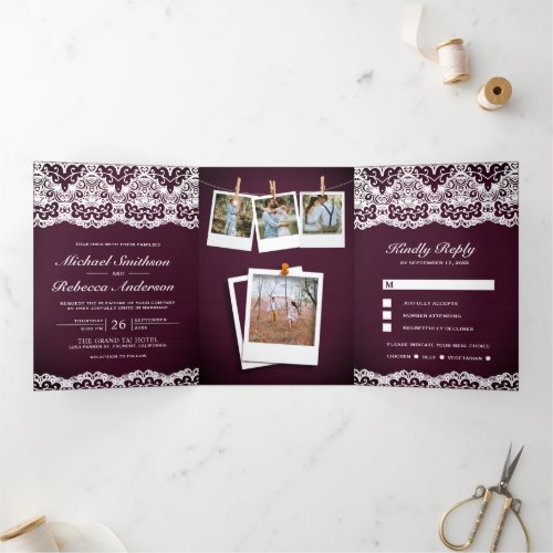 Plum Wood Country Lace Photo Collage Wedding Tri_Fold Invitation