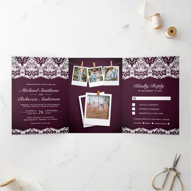 Plum Wood Country Lace Photo Collage Wedding Tri-Fold Invitation (Inside)