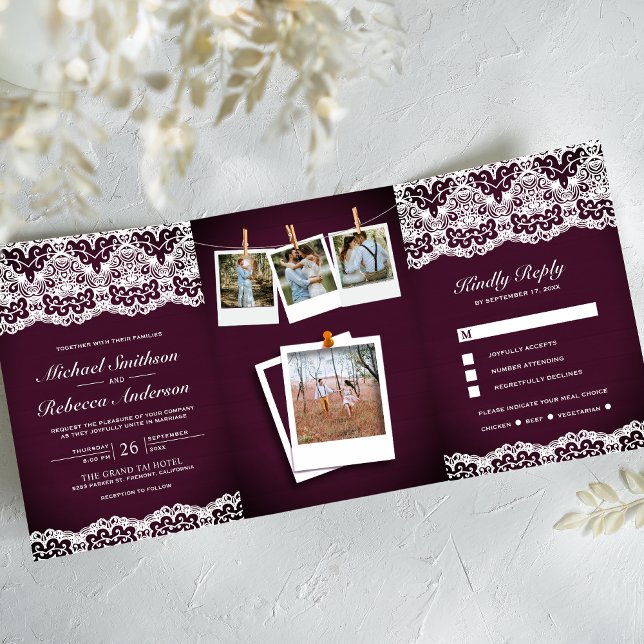 Plum Wood Country Lace Photo Collage Wedding Tri-Fold Invitation (Creator Uploaded)