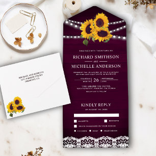 Plum Wood Lace String Lights Sunflower Wedding All In One Invitation