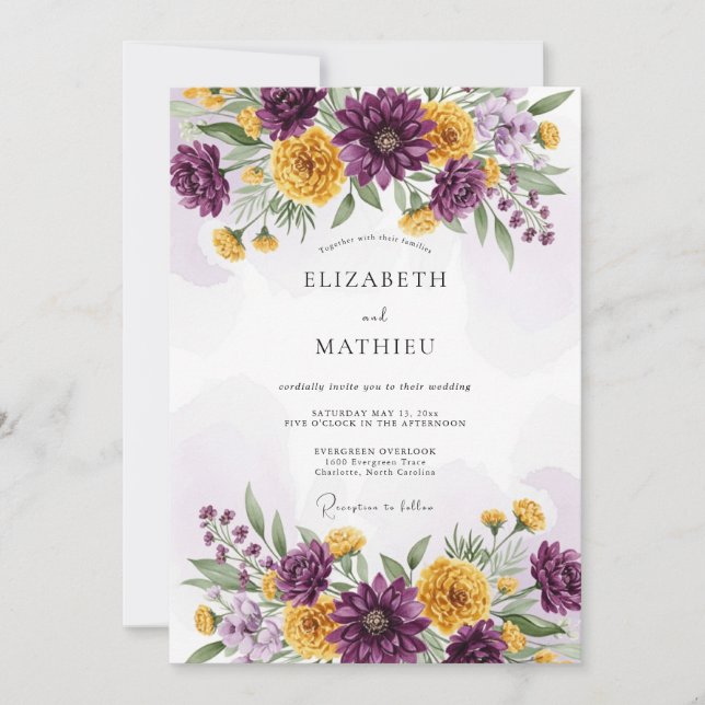 Plum Yellow Dazzling Floral Wedding Invitation (Front)