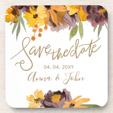 Plum Yellow Floral Gold Calligraphy Save The Date Beverage Coaster