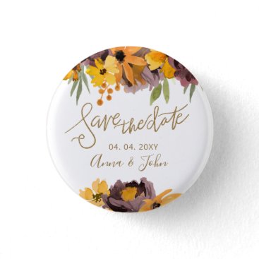 Plum Yellow Floral Gold Calligraphy Save The Date Button
