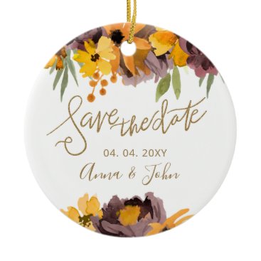 Plum Yellow Floral Gold Calligraphy Save The Date Ceramic Ornament