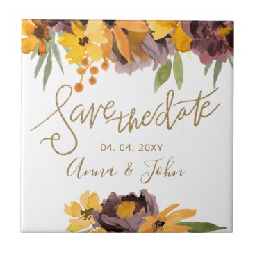 Plum Yellow Floral Gold Calligraphy Save The Date Ceramic Tile