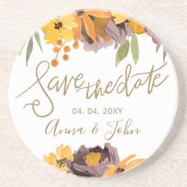 Plum Yellow Floral Gold Calligraphy Save The Date Coaster