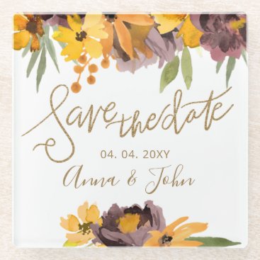 Plum Yellow Floral Gold Calligraphy Save The Date Glass Coaster