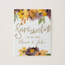 Plum Yellow Floral Gold Calligraphy Save The Date Jigsaw Puzzle