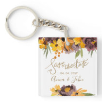 Plum Yellow Floral Gold Calligraphy Save The Date Keychain