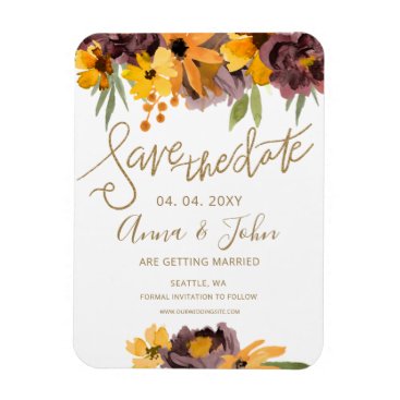 Plum Yellow Floral Gold Calligraphy Save The Date Magnet