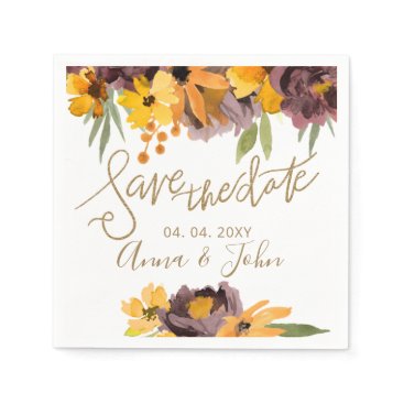 Plum Yellow Floral Gold Calligraphy Save The Date Napkins