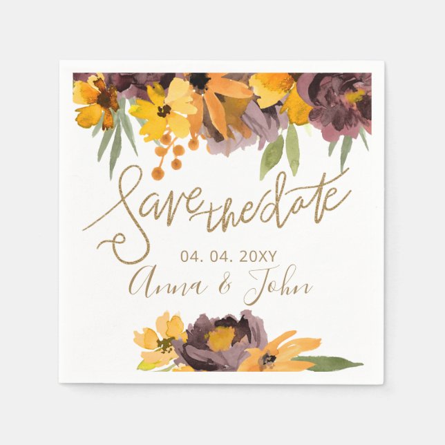Plum Yellow Floral Gold Calligraphy Save The Date Napkins (Front)