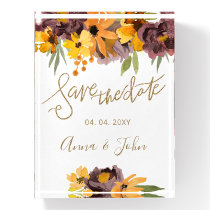 Plum Yellow Floral Gold Calligraphy Save The Date Paperweight