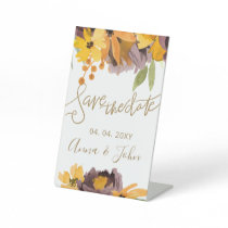 Plum Yellow Floral Gold Calligraphy Save The Date Pedestal Sign