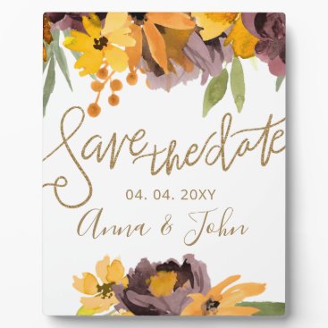 Plum Yellow Floral Gold Calligraphy Save The Date Plaque