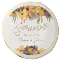 Plum Yellow Floral Gold Calligraphy Save The Date Sugar Cookie