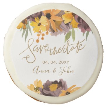 Plum Yellow Floral Gold Calligraphy Save The Date Sugar Cookie