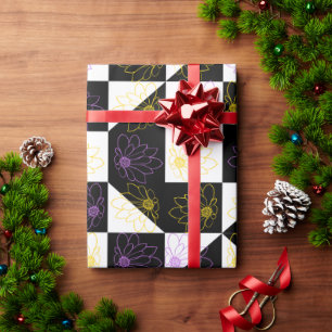 Plum & Yellow Flower   Black & White Checkerboard Wrapping Paper