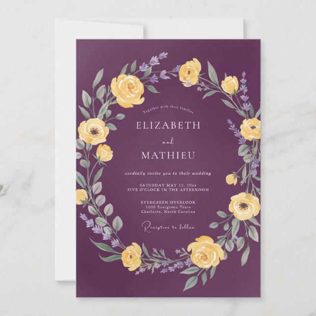 Plum Yellow Wreath Wedding Invitation (Front)