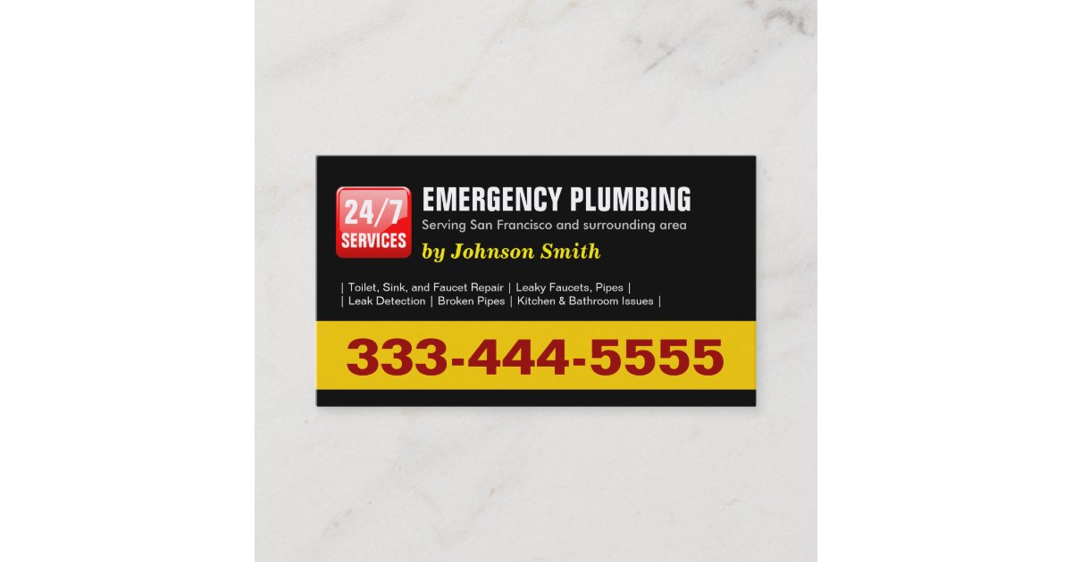 Plumber 24 HOUR EMERGENCY PLUMBING SERVICES Business Card