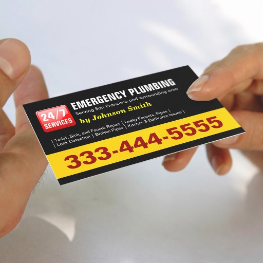 Customizable Plumber - 24 HOUR EMERGENCY PLUMBING SERVICES Business Card Templates