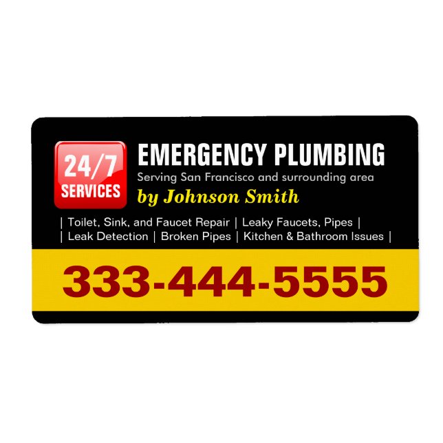 Plumber - 24 HOUR EMERGENCY PLUMBING SERVICES Label (Front)