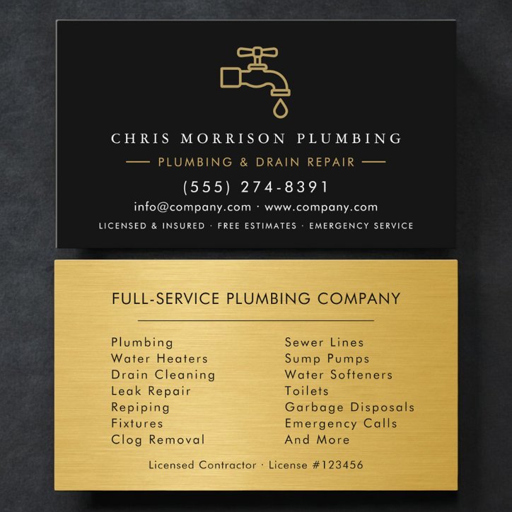 Plumber Black Gold Metallic Minimalist Business Card