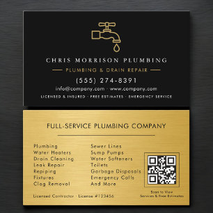 Plumber Black & Gold Metallic QR Code Business Card