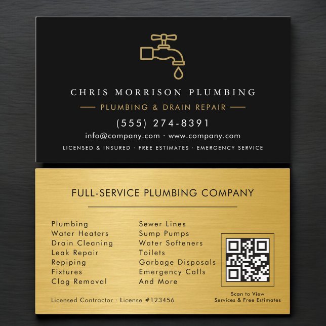 Plumber Black & Gold Metallic QR Code Business Card (Creator Uploaded)