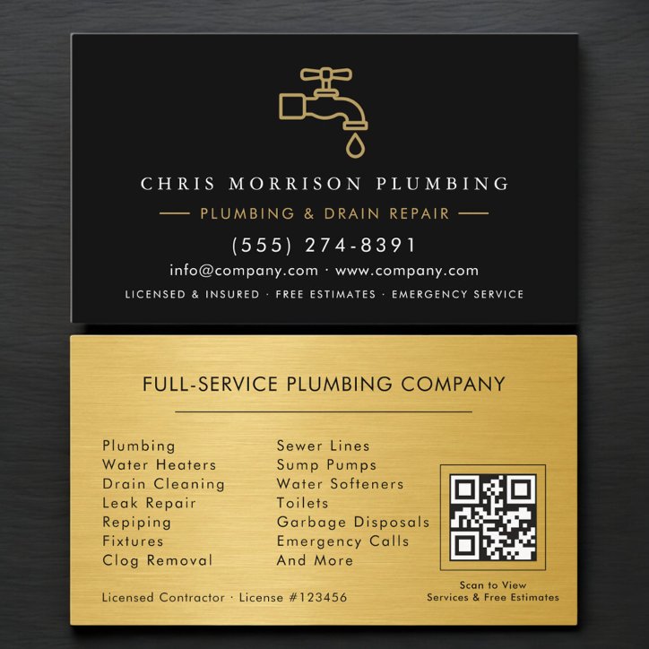 Plumber Black Gold Metallic QR Code Business Card