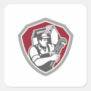 Plumber Carry Toolbox Wrench Shield Retro Square Sticker