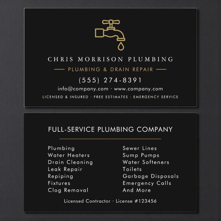 Plumber Dark Elegant Black Gold Minimalist Business Card