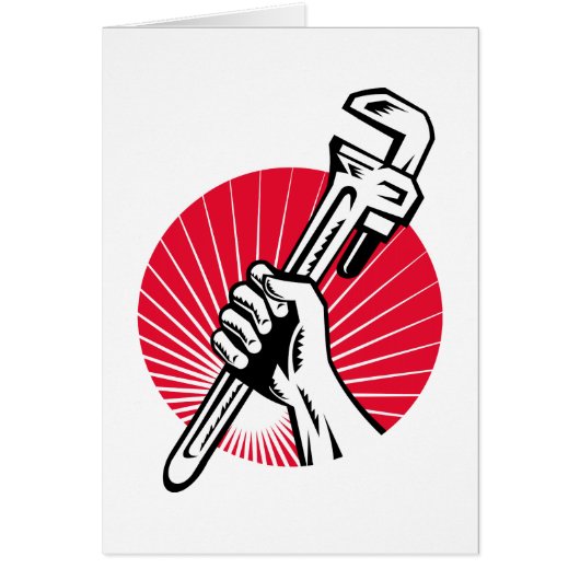 Plumber hand holding pipe wrench woodcut (Front)