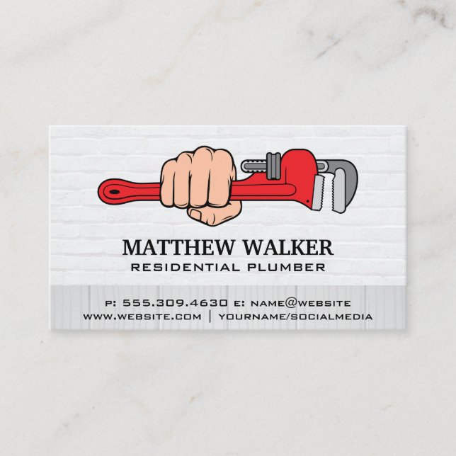 Plumber Holding Wrench | Blue Collar | Contractor Business Card (Front)