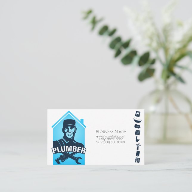 Plumber in uniform repair plumbing business card (Standing Front)